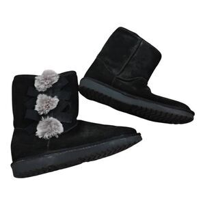 Ugg Koolaburra  Black Suede Fuzzy Balls Faux Fur Lined Booties Size 7